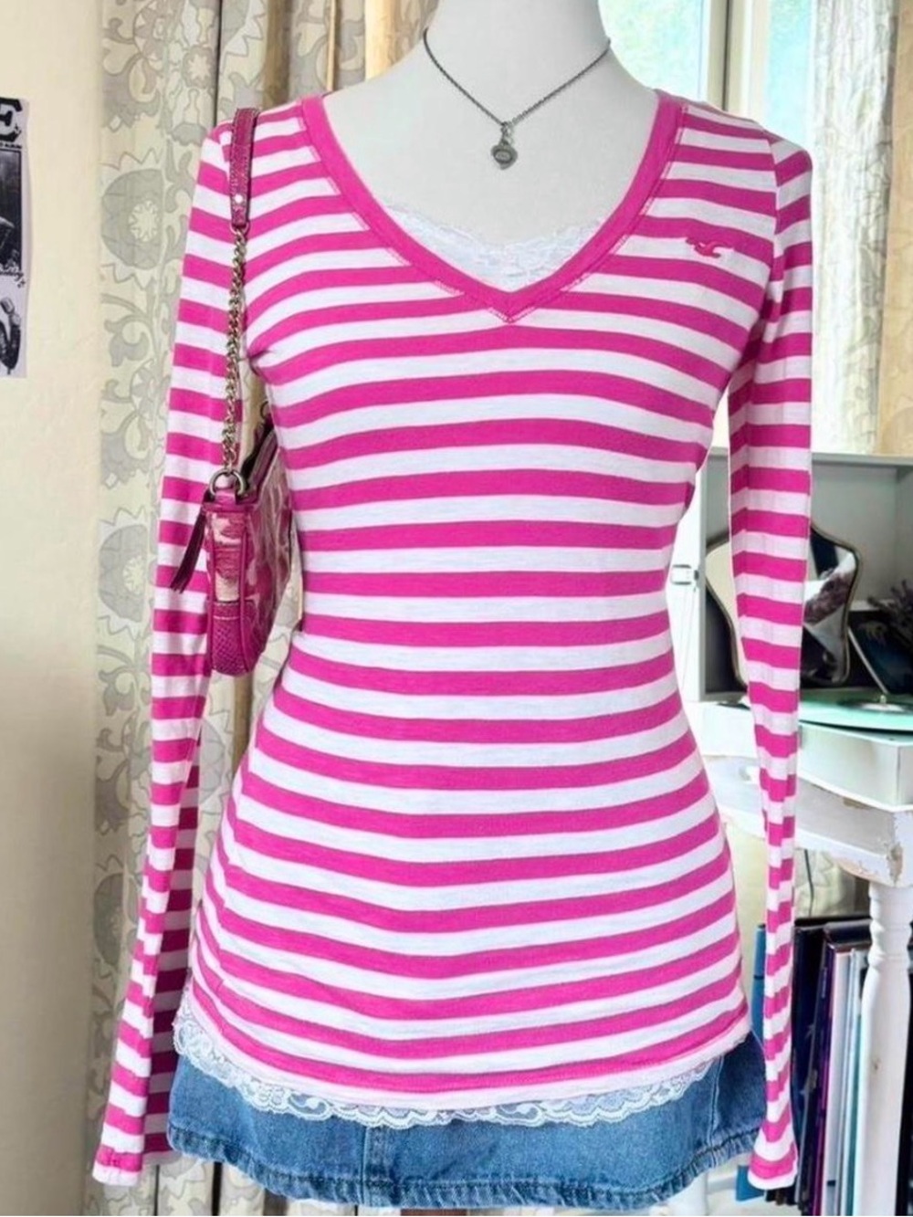 Hollister Pink & White Striped V-Neck Long Sleeve Tee